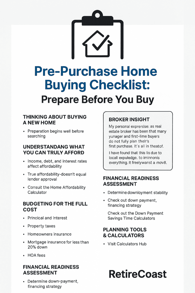 Pre-purchase home buying checklist infographic highlighting affordability, budgeting, financial readiness, and planning tools to prepare buyers before purchasing a home.