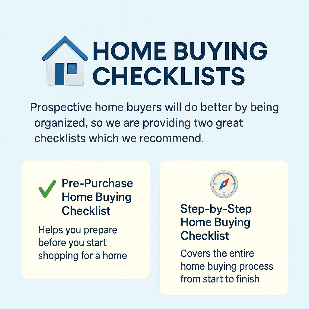Home buying checklists from RetireCoast with a house icon and two organized guides for pre-purchase planning and the full home buying process