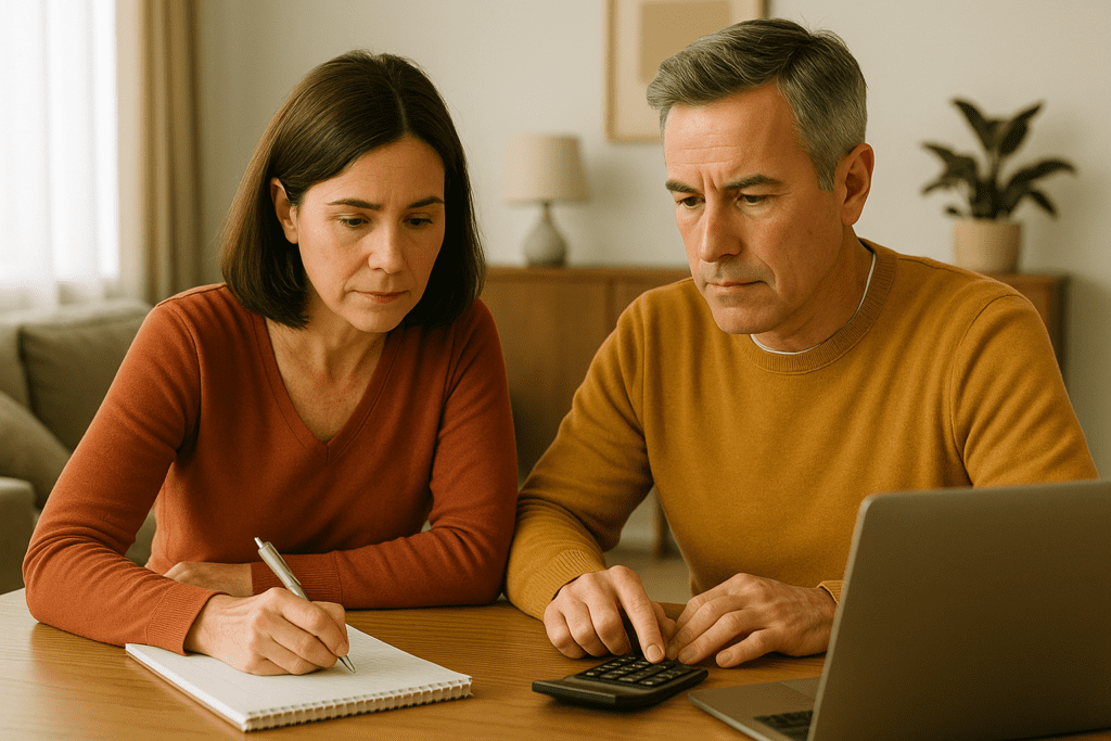 Gen X couple Mark and Lisa working on retirement planning with a budget, calculator, and laptop at home.