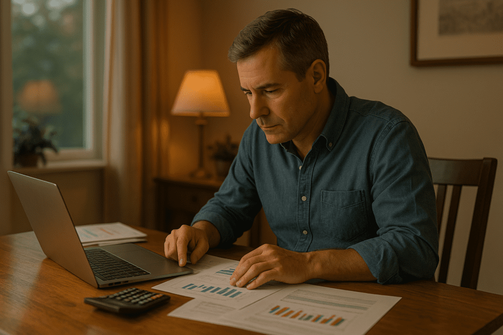 Gen X individual reviewing a retirement budget and financial documents at home.