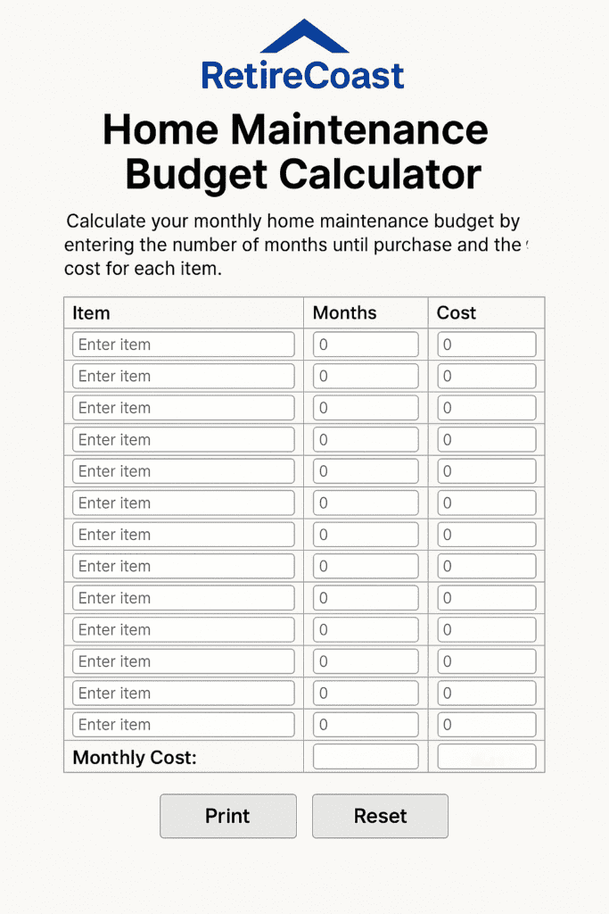 Home Maintenance Budget Calculator by RetireCoast showing a printable table where homeowners enter items, months until replacement, costs, and see the calculated monthly maintenance budget.