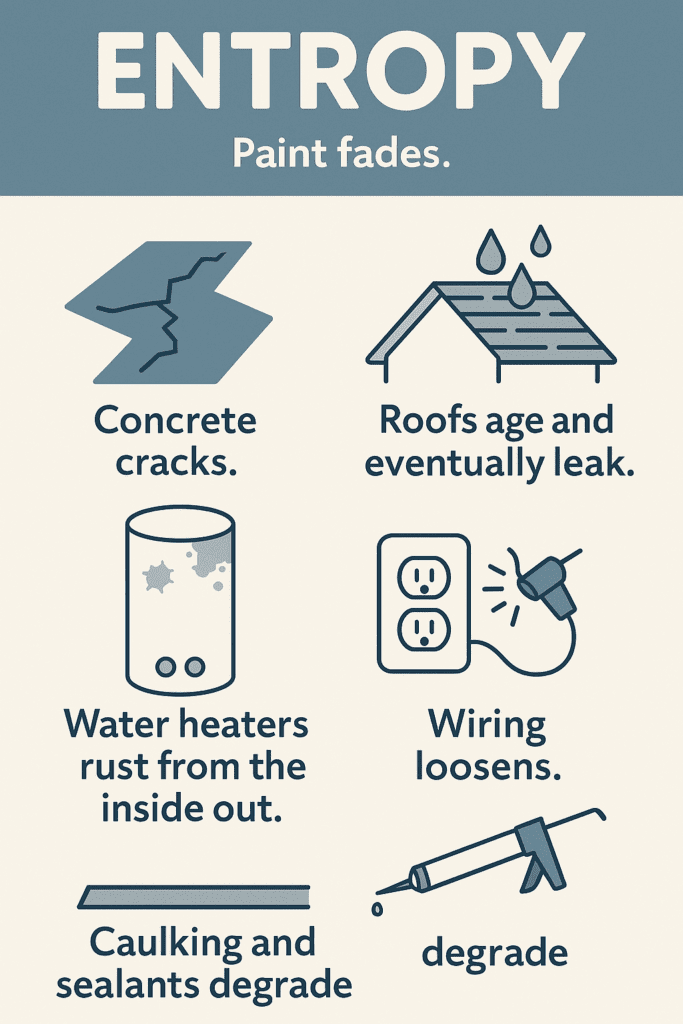 Infographic explaining entropy in home maintenance, showing how paint fades, concrete cracks, roofs age and leak, water heaters rust from the inside, wiring loosens, and caulking and sealants degrade over time.