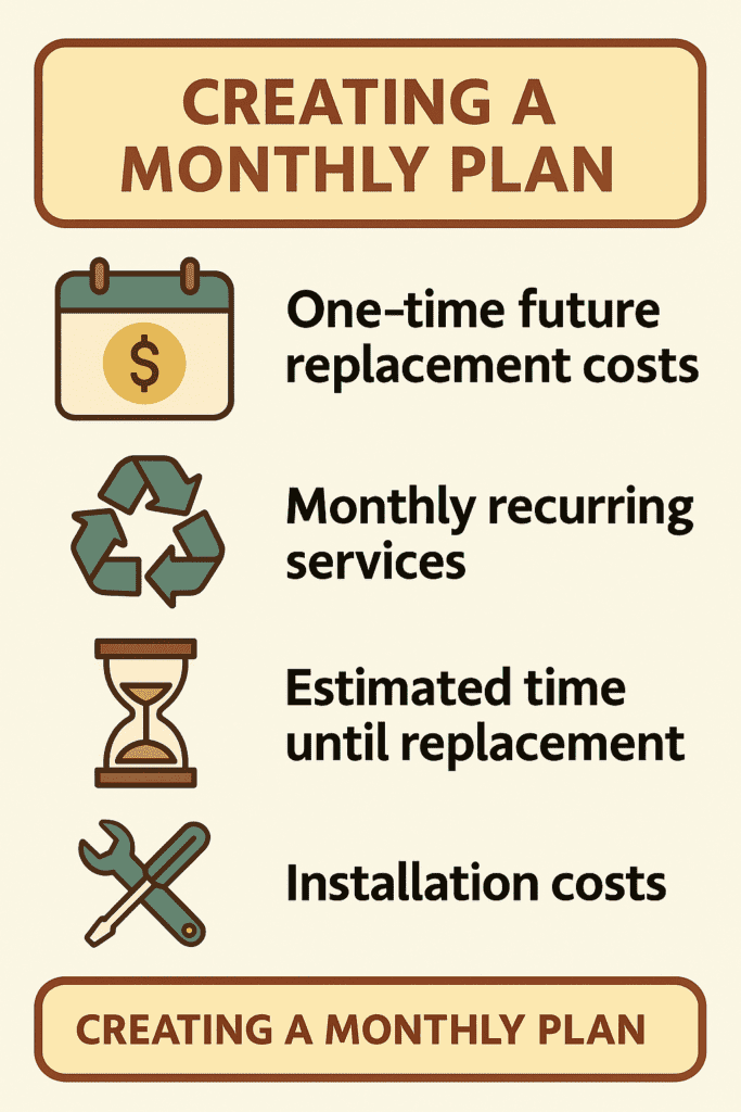 Infographic showing how to create a monthly home maintenance plan by accounting for one-time future replacement costs, monthly recurring services, estimated time until replacement, and installation costs.