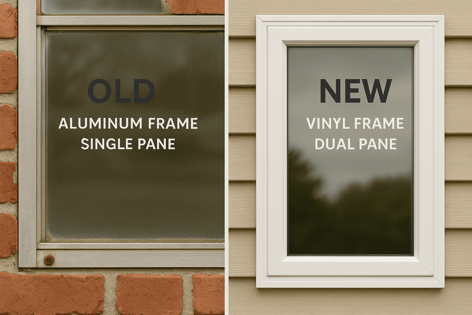 Side-by-side comparison of an old aluminum single-pane window and a new vinyl-framed dual-pane window.