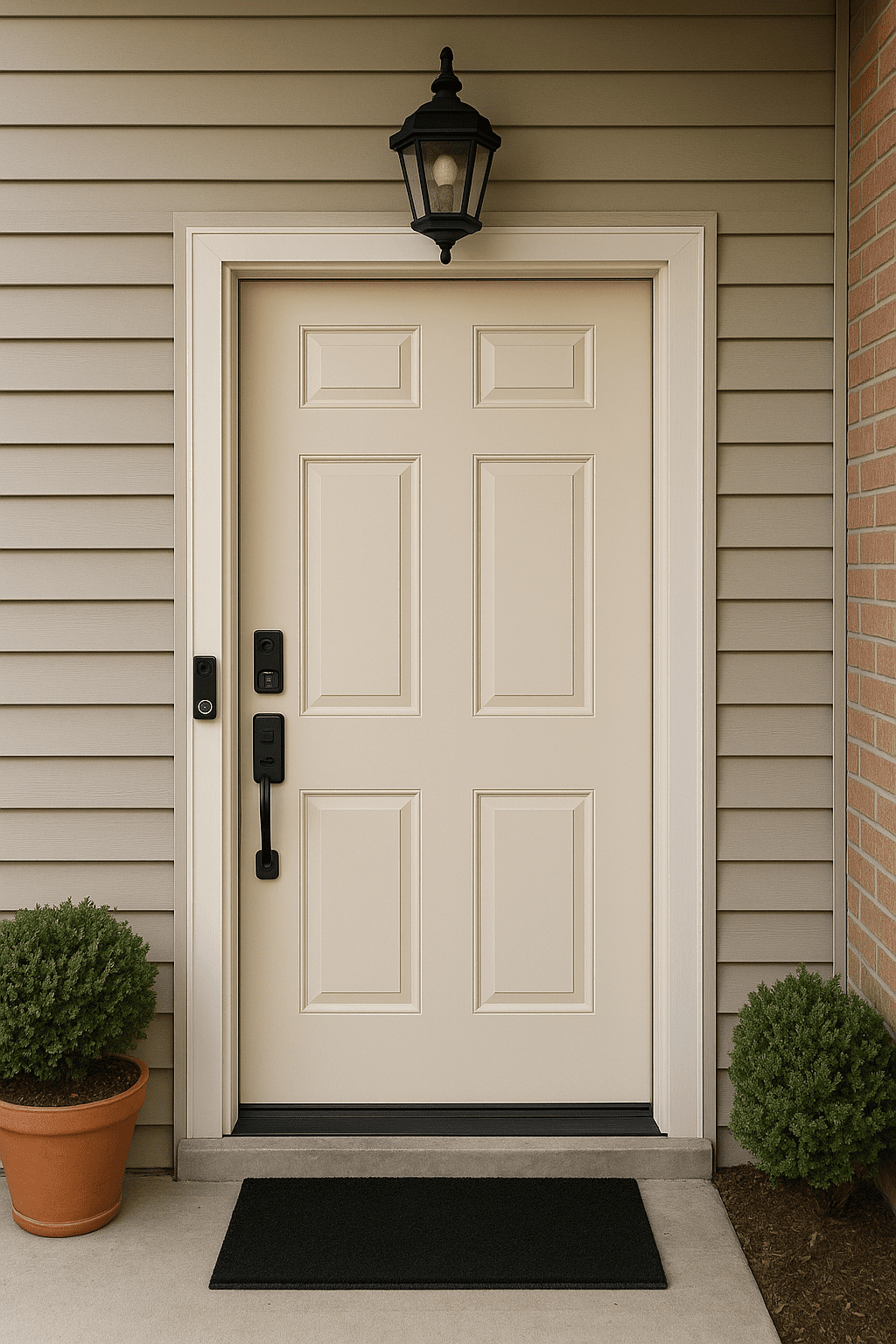 Front door with smart lock, video doorbell, and clean entrance area showing a modern security upgrade.