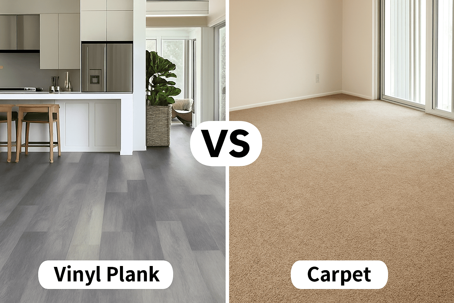 Side-by-side comparison of a modern room with vinyl plank flooring and a room with older beige carpet.