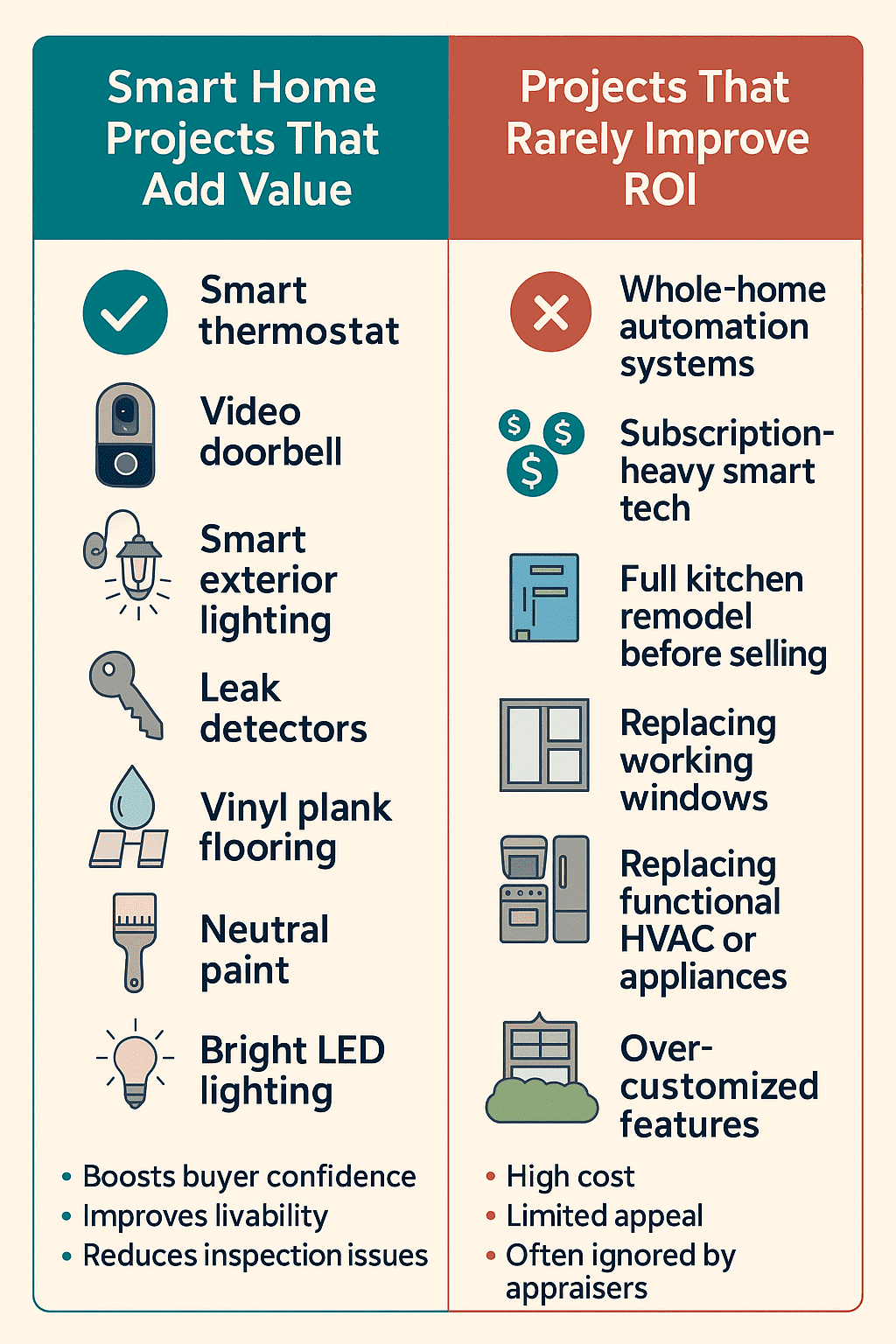 Infographic comparing smart home projects that add value such as smart thermostats, vinyl plank flooring, and LED lighting versus projects that rarely improve ROI including full remodels and complex automation.