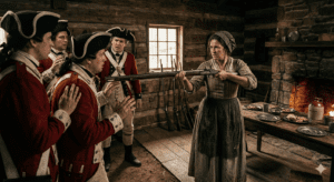 A period photograph-style image. A resolute woman in 18th-century farm clothing and a bonnet stands inside a rustic log cabin, aiming a long musket directly at four startled British Redcoat soldiers who are cornered and raising their hands slightly. The cabin interior features a stone fireplace, a dinner table set with plates and food, and other firearms leaning against a wall.