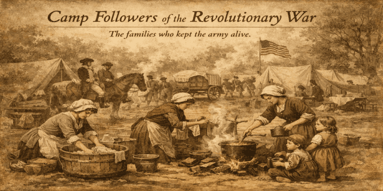 Illustration of camp followers during the Revolutionary War showing women, children, and soldiers living and working together in a Continental Army encampment.