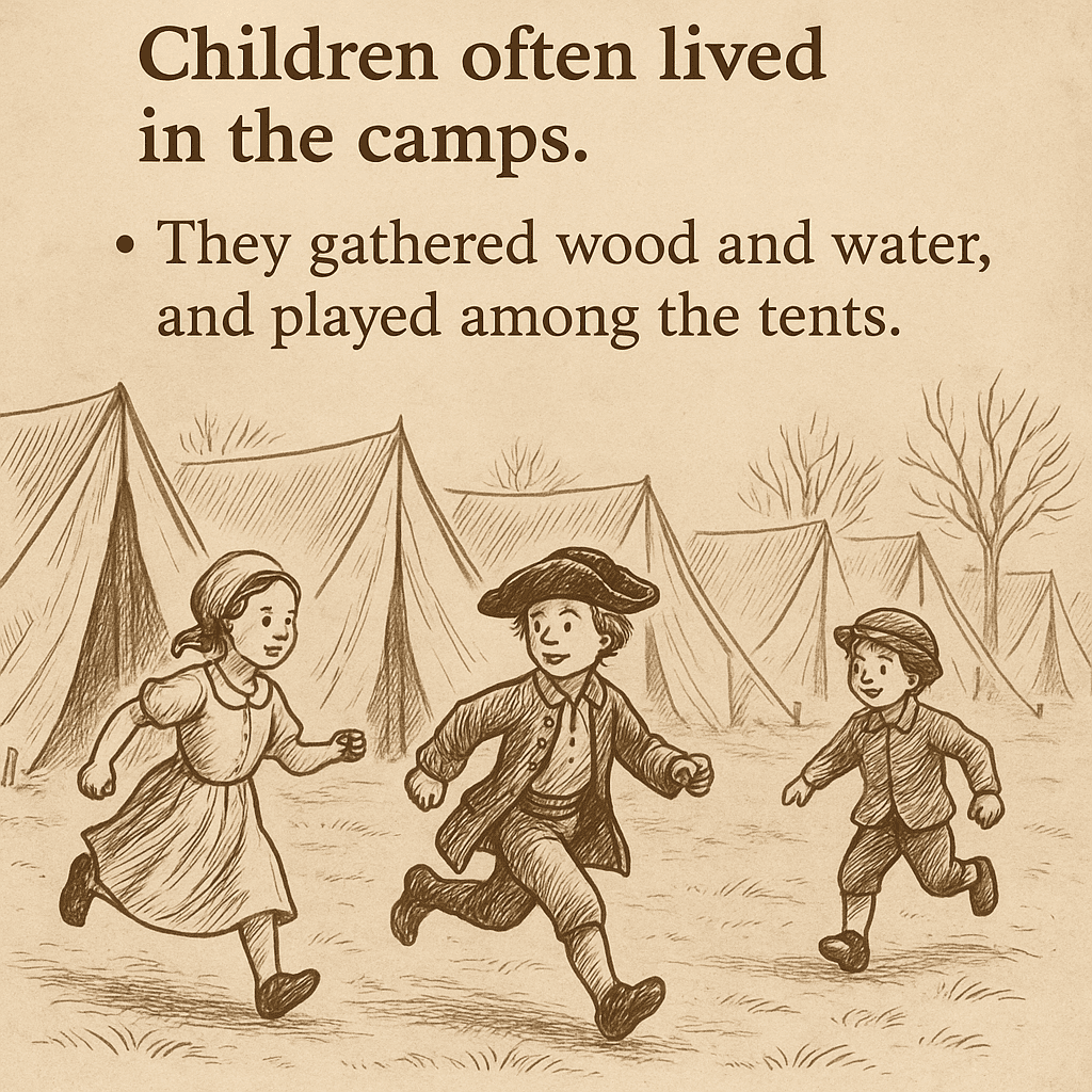infographic showing camp follower children playing in a camp in 1776