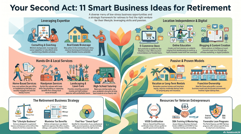 infographic showing Your Second Act: 11 smart business ideas for retirement it depicts several elements 