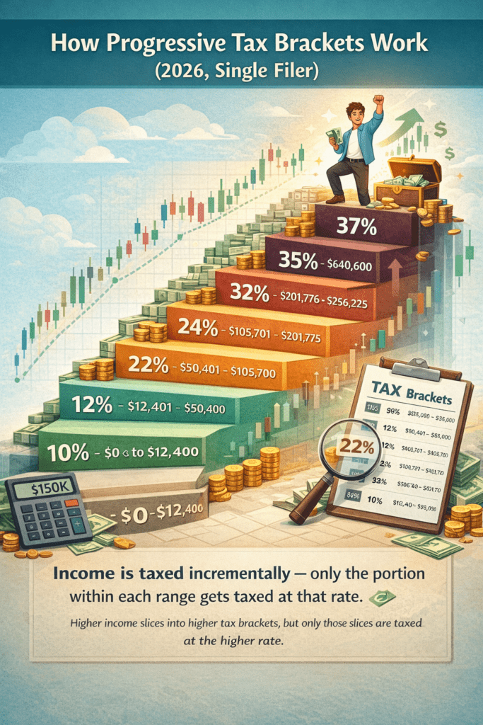 Creative infographic showing how progressive federal income tax brackets work for a single filer in 2026, using a staircase design to illustrate how higher income moves into higher tax brackets while only each portion of income is taxed at its corresponding rate.