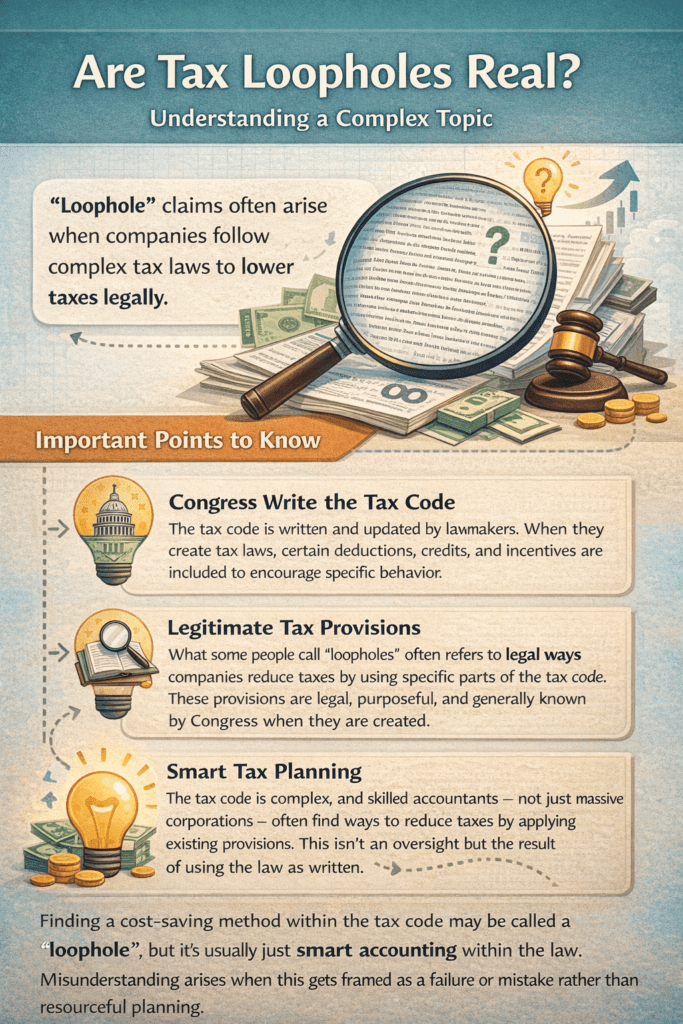 Infographic explaining why “tax loopholes” are often a misunderstanding, showing that Congress writes the tax code intentionally and that what are labeled loopholes are usually legal tax provisions applied by accountants and businesses following the law.