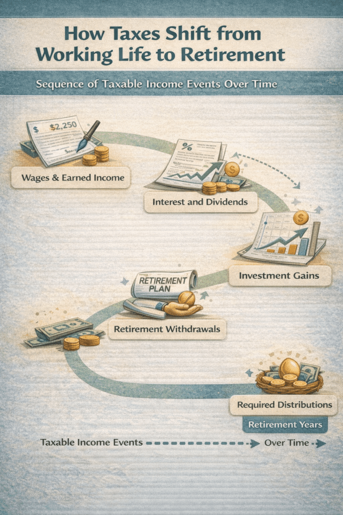 Infographic illustrating how taxable income shifts over time, starting with wages and earned income, moving through interest, dividends, and investment gains, and later transitioning to retirement account withdrawals and required distributions, showing how the sources of taxation change across life stages.