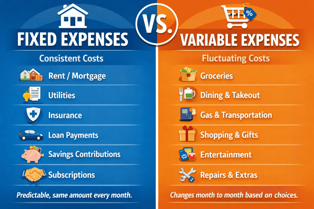 Infographic comparing fixed expenses versus variable expenses to help stabilize cash flow and monthly budgeting