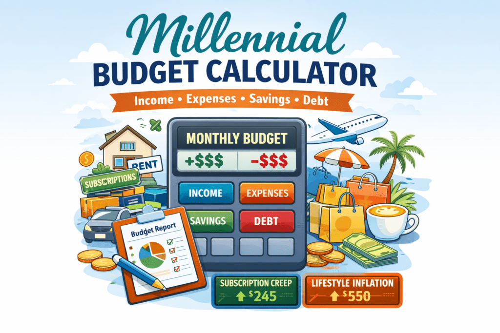 Millennial budget calculator showing income, expenses, savings, and debt in a monthly budget overview