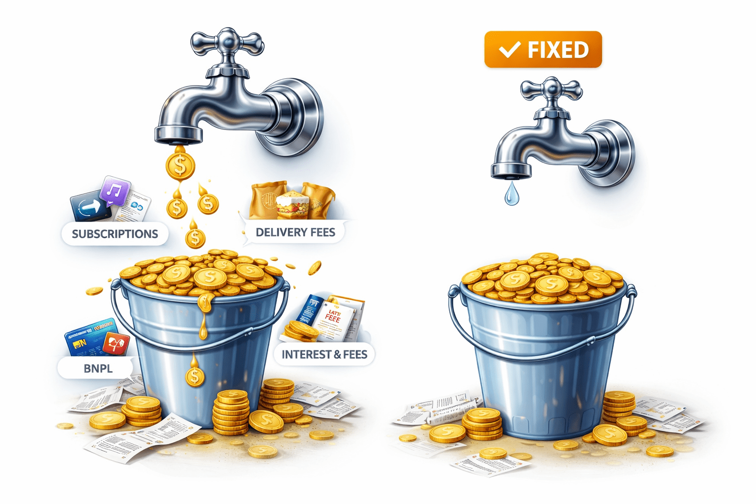 Illustration showing a leaking faucet versus a fixed faucet to represent stopping spending leaks and stabilizing cash flow