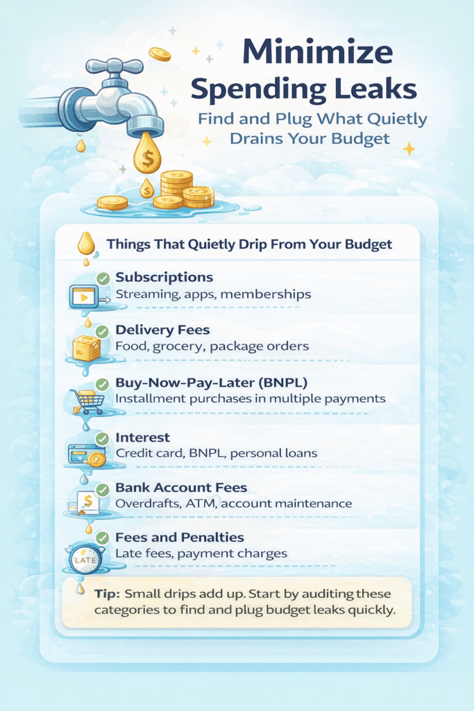 Infographic showing common spending leaks that drip from a budget, including subscriptions, delivery fees, BNPL payments, interest, and bank fees