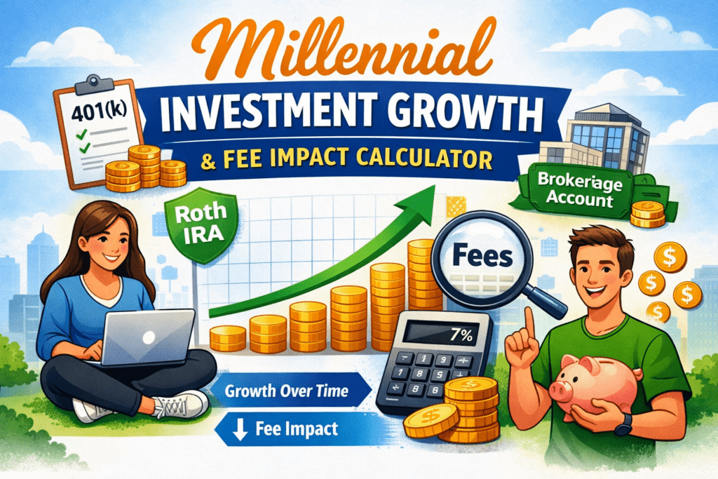 Millennial investment growth and fee impact calculator illustration showing 401(k), Roth IRA, and brokerage account growth over time with a focus on how fees affect long-term returns.