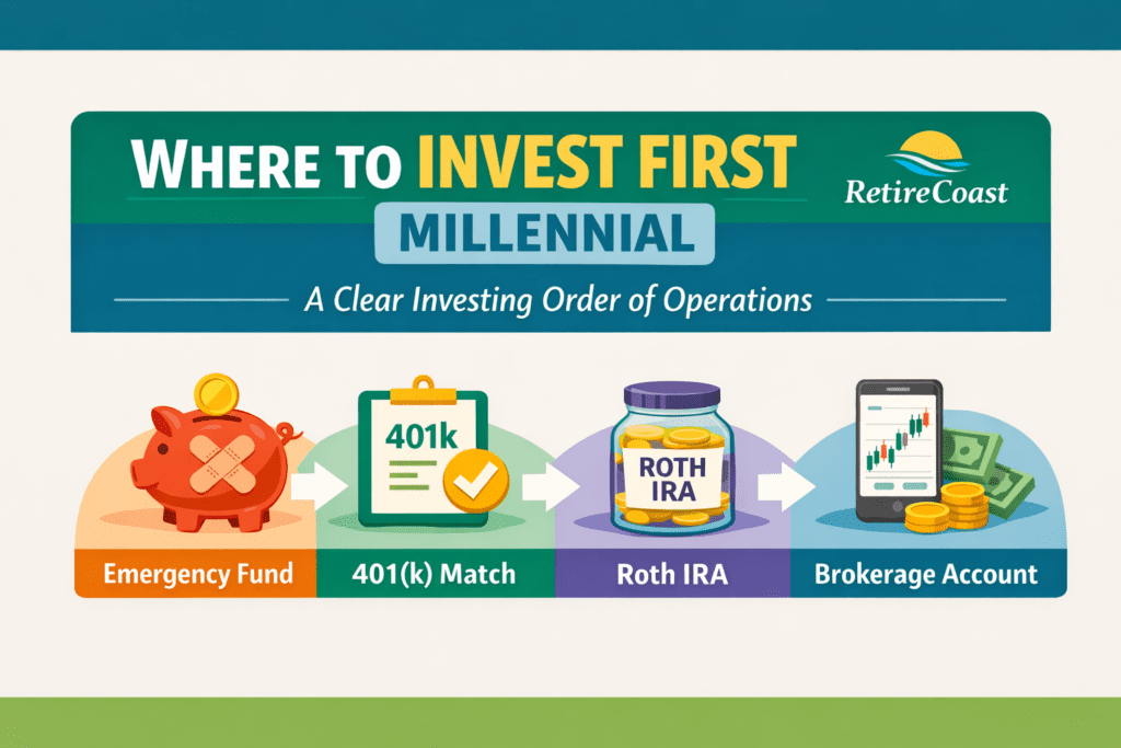 Millennial Where to Invest First Priority Planner showing the investing order: emergency fund, 401(k) match, Roth IRA, and brokerage account.