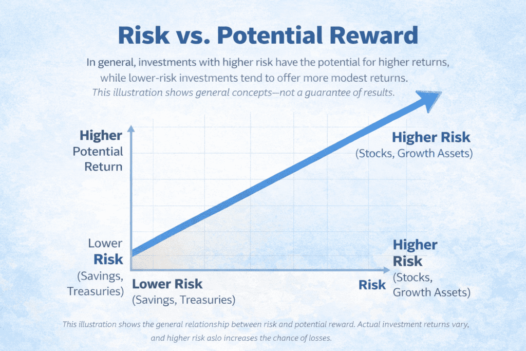 Risk versus potential reward chart illustrating that lower-risk investments like savings and Treasuries tend to have lower potential returns, while higher-risk investments such as stocks and growth assets may offer higher potential returns.