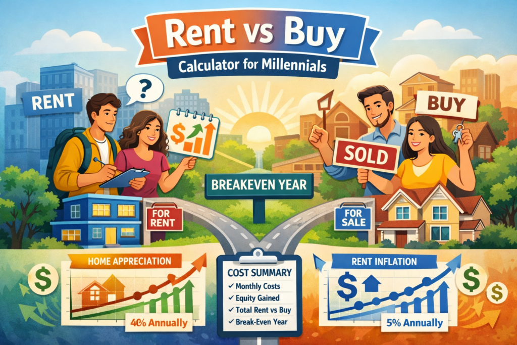 Rent vs buy calculator for millennials comparing renting and homeownership with breakeven year, rent inflation, and home appreciation