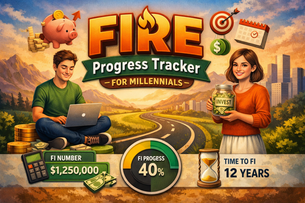 Illustrated featured image for the FIRE Progress Tracker for Millennials showing two young adults tracking investments, savings progress, and time to financial independence with charts and financial icons.
