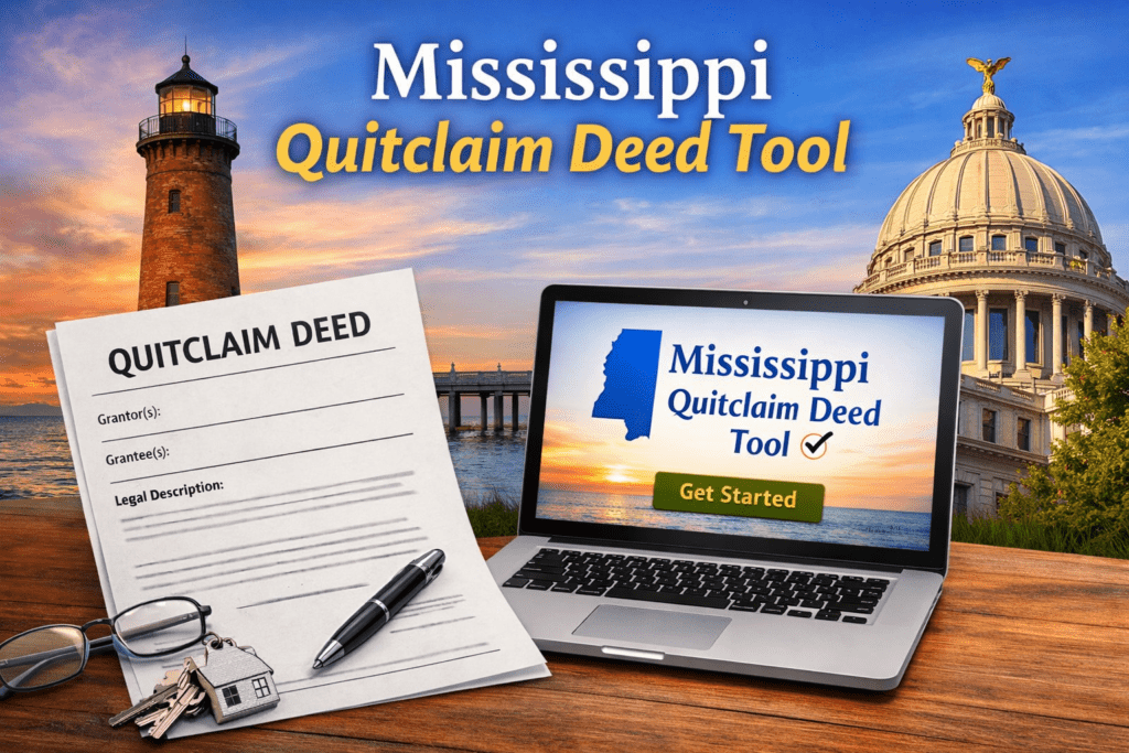 Mississippi quitclaim deed tool illustration featuring a quitclaim deed form, property keys, and an online deed generator used to transfer property ownership in Mississippi.