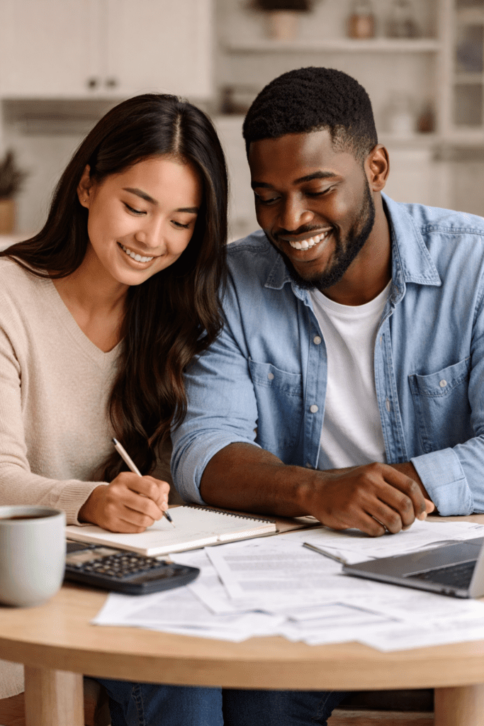 Young interracial millennial couple reviewing their household budget together at a kitchen table, planning savings goals and shared expenses.