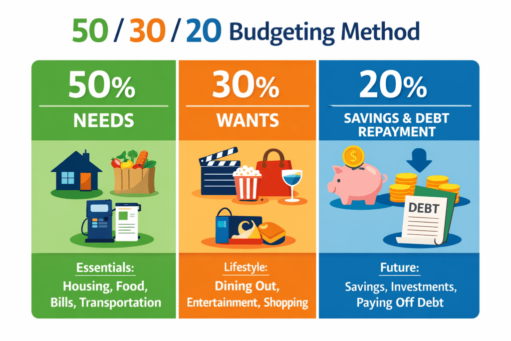 50/30/20 budgeting method infographic showing how income is divided into needs, wants, and savings or debt repayment.
