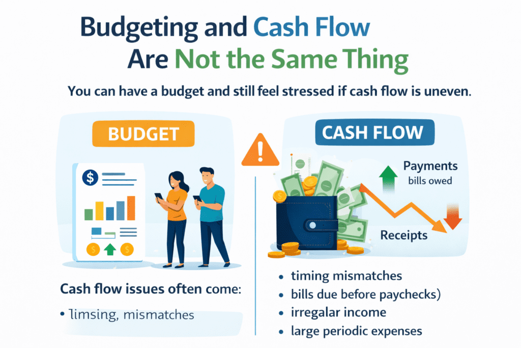 Infographic explaining that budgeting and cash flow are different, showing how timing mismatches, irregular income, and large periodic expenses can cause cash flow stress.