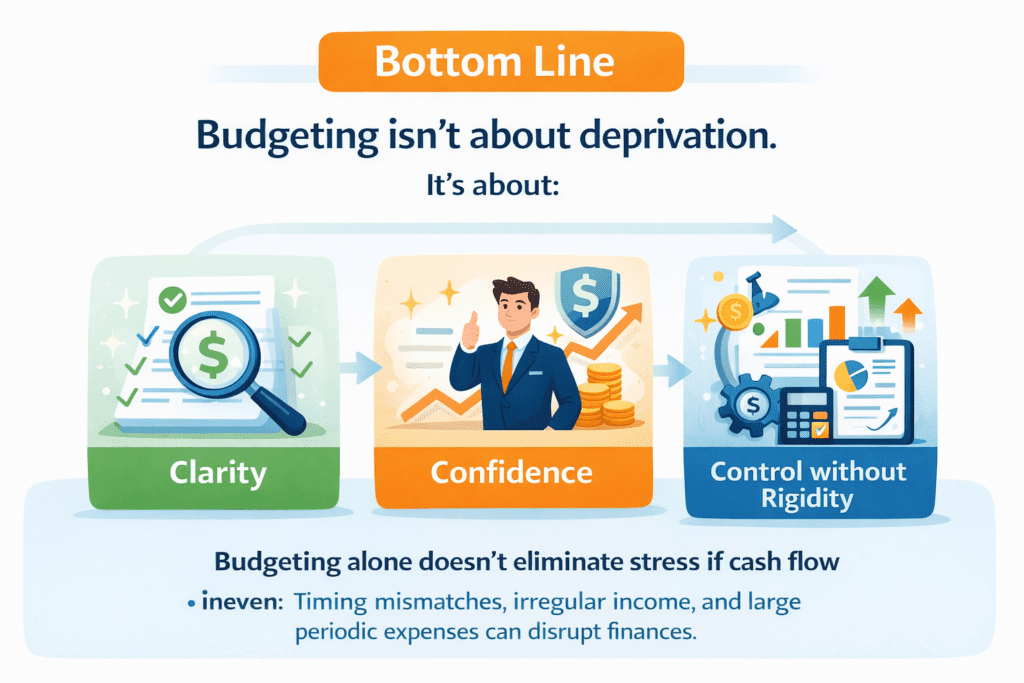 Bottom line budgeting infographic showing that budgeting is about clarity, confidence, and control without rigidity—not deprivation.
