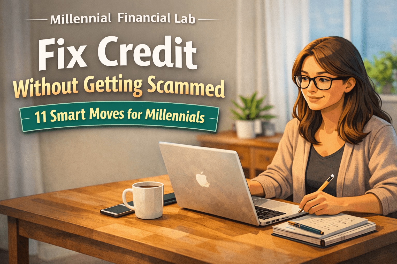 Millennial woman working at a desk reviewing credit information on a laptop, illustrating 11 smart ways to fix credit without getting scammed.