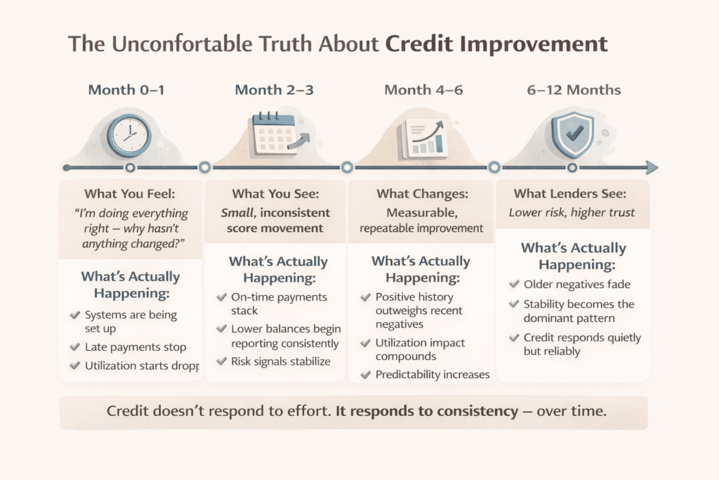 nfographic showing a timeline of credit improvement from month one to twelve, explaining how consistent payments, lower balances, and time lead to measurable credit score improvement.