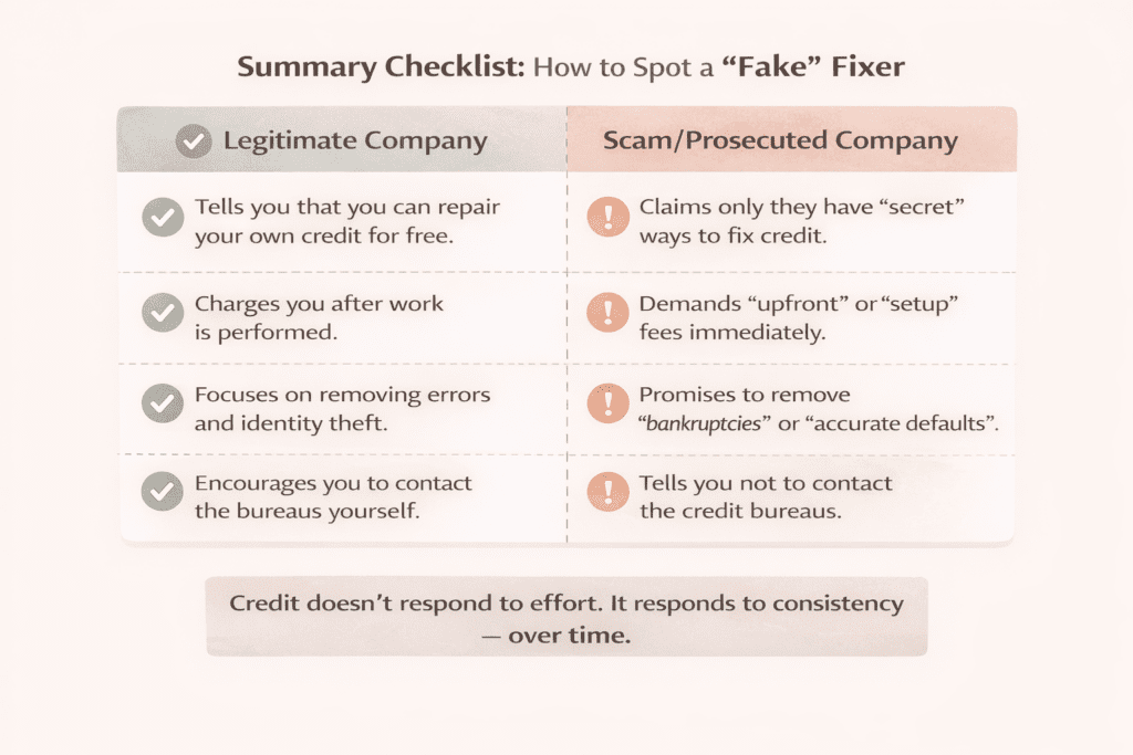 infographic showing how to spot a fake credit fixer