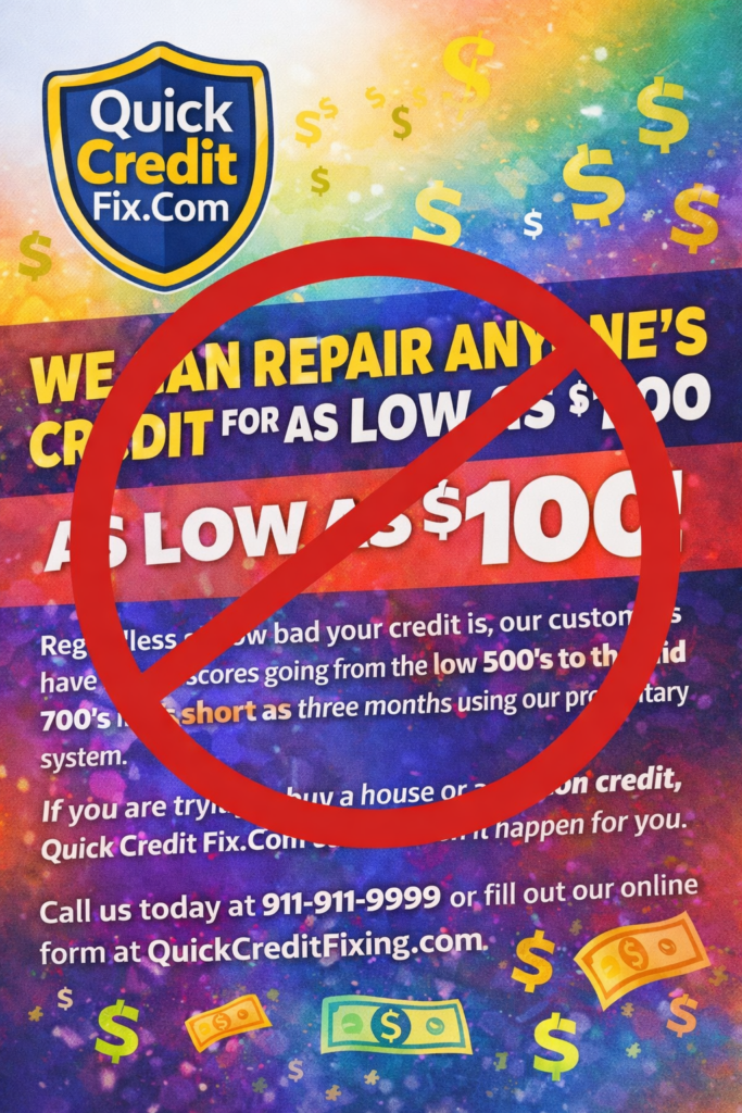 Illustration of a fake credit repair advertisement promising fast credit score increases, overlaid with a red prohibition symbol to indicate common warning signs of a credit repair scam.