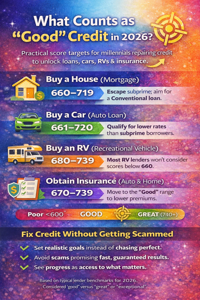 Infographic showing what counts as a “good” credit score in 2026 for major purchases, including mortgages, auto loans, RVs, and insurance, with practical score ranges for millennials improving credit without chasing perfection.