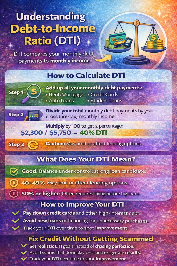 Infographic explaining debt-to-income ratio (DTI), showing how monthly debt payments are compared to income, what different DTI ranges mean for borrowers, and why keeping DTI around 40% or lower supports mortgage approval and credit stability.