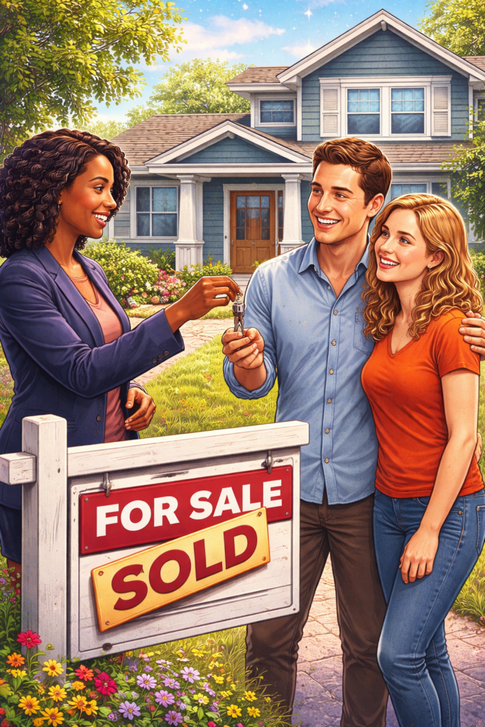 Illustration of Charlotte and Henry receiving the keys to their new home from a real estate agent, standing in front of a house with a “Sold” sign after successfully improving their credit and qualifying for a mortgage.