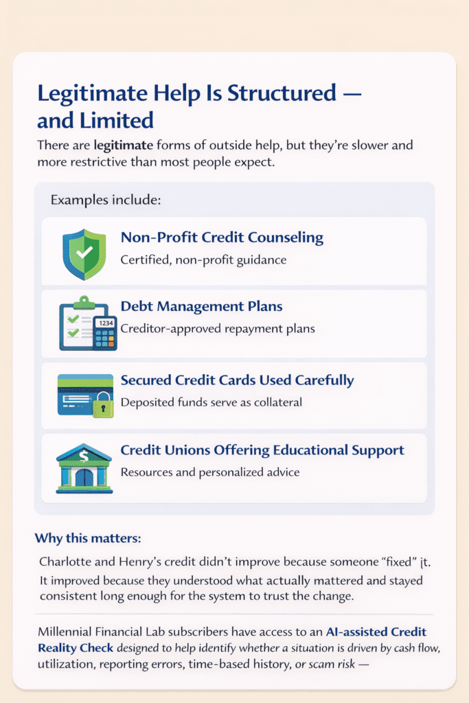 nfographic explaining legitimate credit assistance options, including non-profit credit counseling, debt management plans, secured credit cards, and credit unions offering educational support.