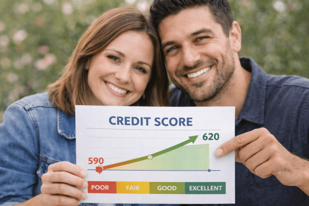 Charlotte and Henry holding a credit score report showing an improvement from 590 to 620, illustrating early progress from consistent credit habits rather than quick fixes.