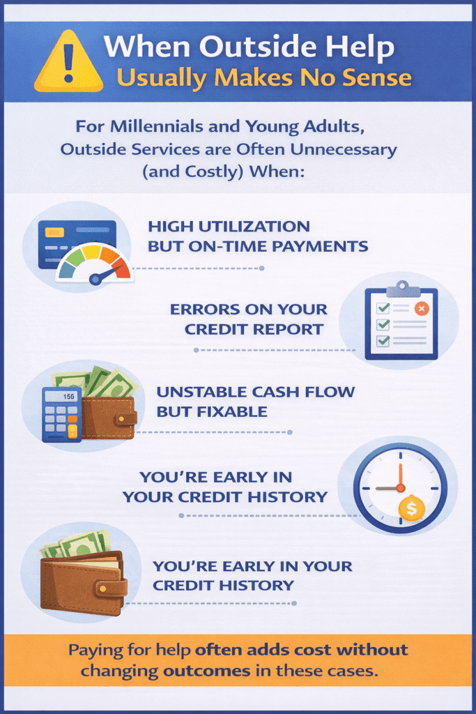 Infographic explaining situations where outside credit help usually does not make sense for millennials, including high utilization with on-time payments, simple report errors, fixable cash-flow issues, and early credit history.