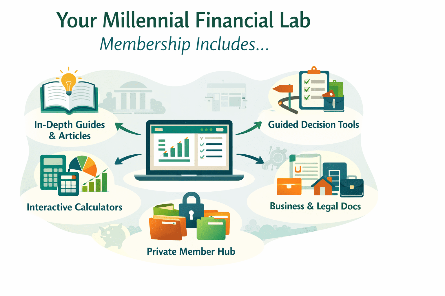 Infographic showing what a Millennial Financial Lab membership includes: guides, calculators, guided decision tools, business tools, and a private member hub