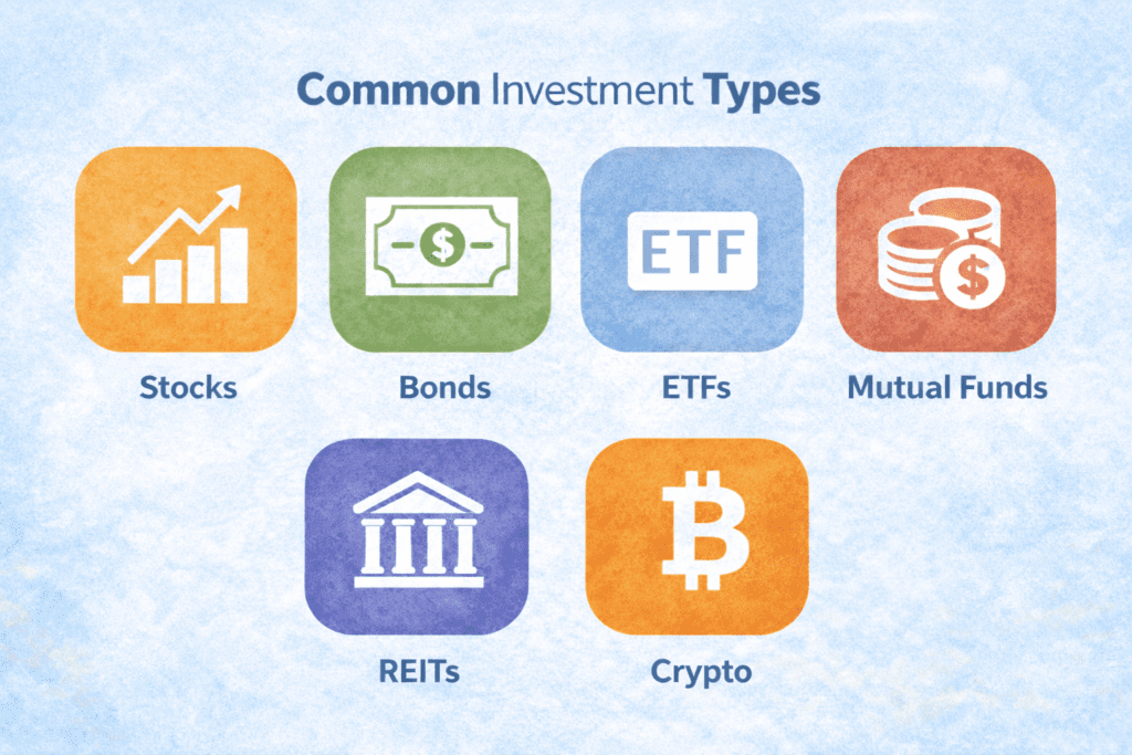 Infographic showing common investment types including stocks, bonds, ETFs, mutual funds, REITs, and cryptocurrency, designed to explain investing basics for millennials.