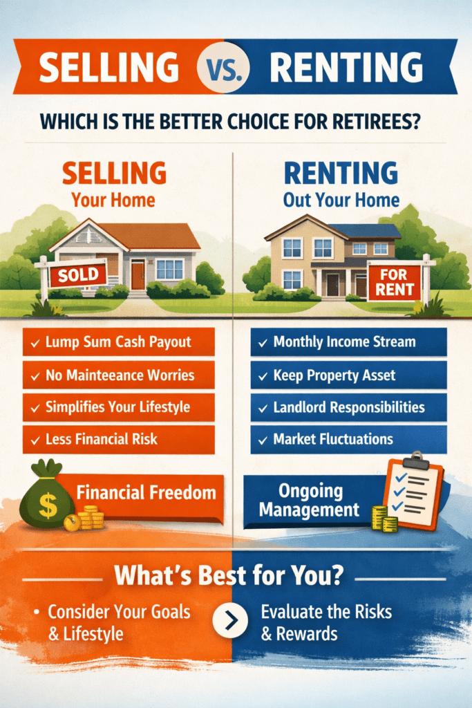 Infographic comparing selling versus renting a home in retirement, showing financial simplicity and reduced responsibility from selling versus ongoing management and income from renting
