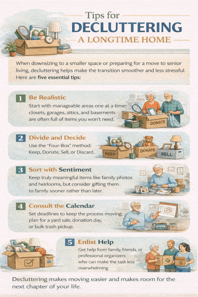 Infographic showing practical tips for decluttering a longtime home, including sorting items, deciding what to keep or donate, involving family or professionals, and preparing for a move to senior living.