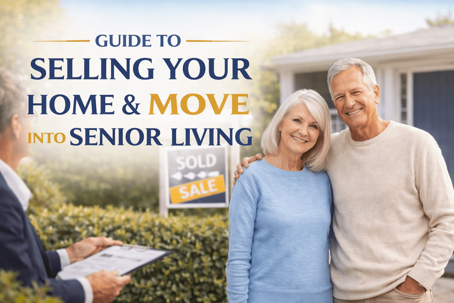 image of senior couple standing by a for sale sign on their house