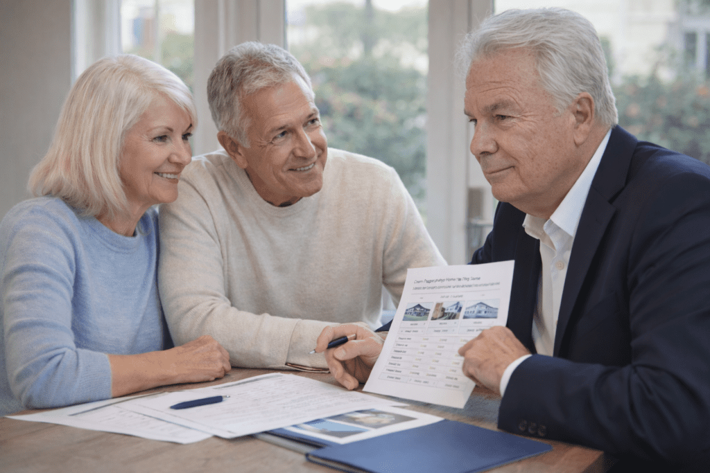 Experienced real estate broker reviewing home pricing documents with a senior couple as they prepare to sell their home and move to a senior living community.