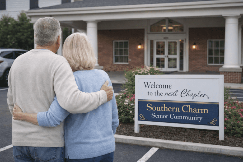 Senior couple standing together in a parking lot, looking toward the entrance of a senior living community with a sign reading “Welcome to the Next Chapter, Southern Charm Senior Community.”