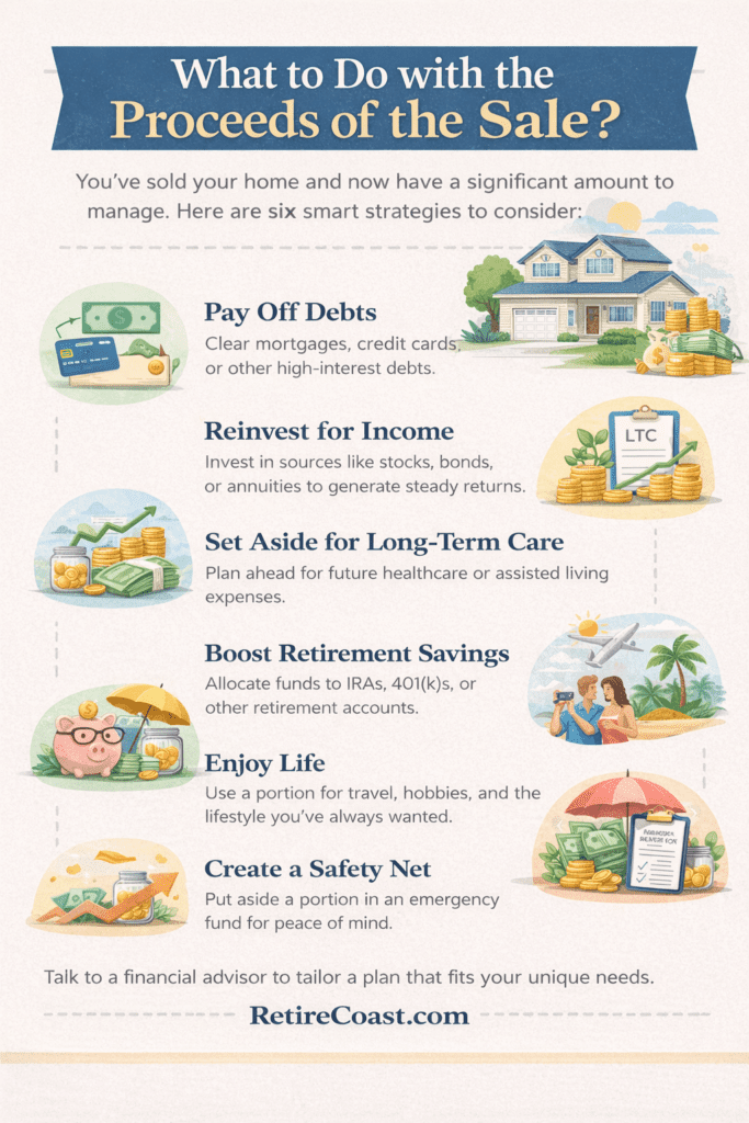 Infographic outlining smart ways retirees can use proceeds from a home sale, including paying off debt, investing for income, setting aside funds for long-term care, boosting retirement savings, and creating financial security.